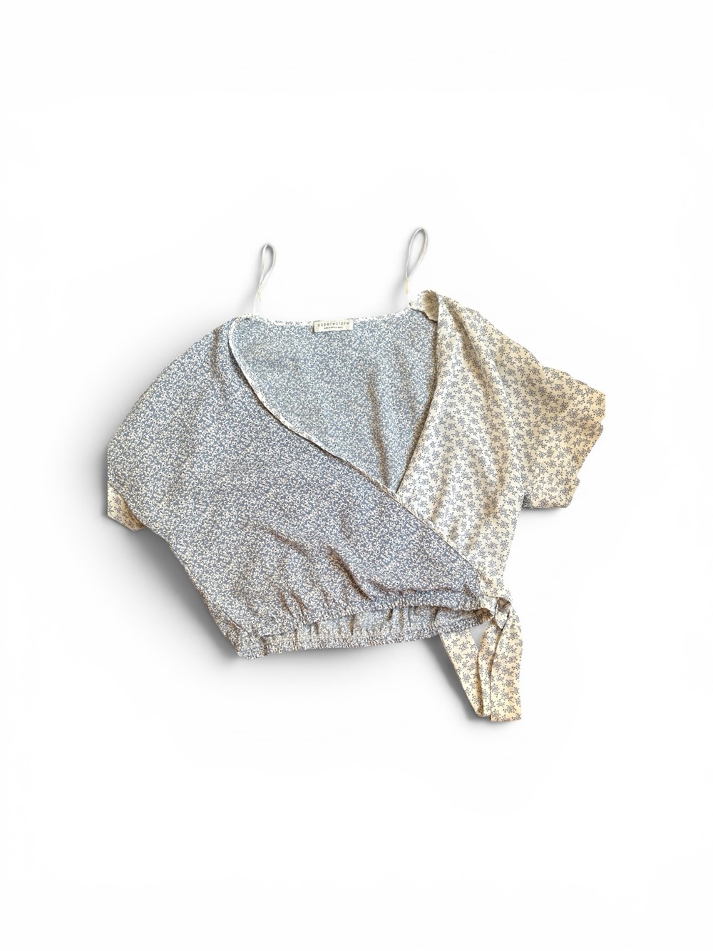 Paper Crane Two-Tone Floral Wrap Crop Top in Blue and Cream
